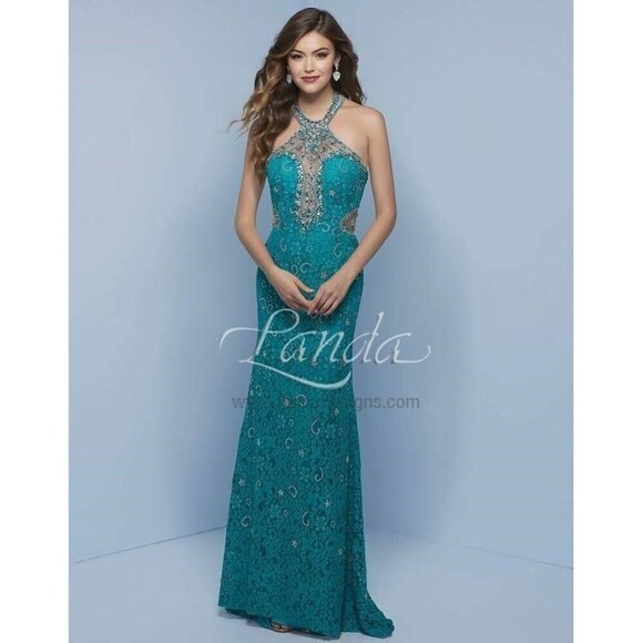 Splash Lace Halter Prom Dress J717 Teal - Picture 1 of 5